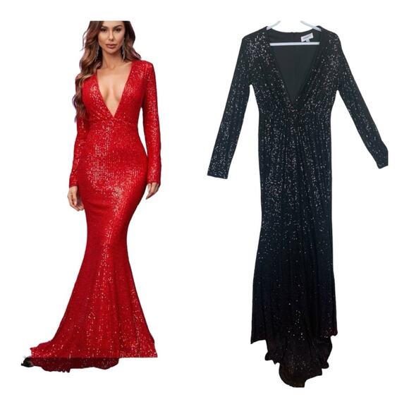 Faeriesty Womens medium black sequin mermaid dress deep v neck prom dance  formal